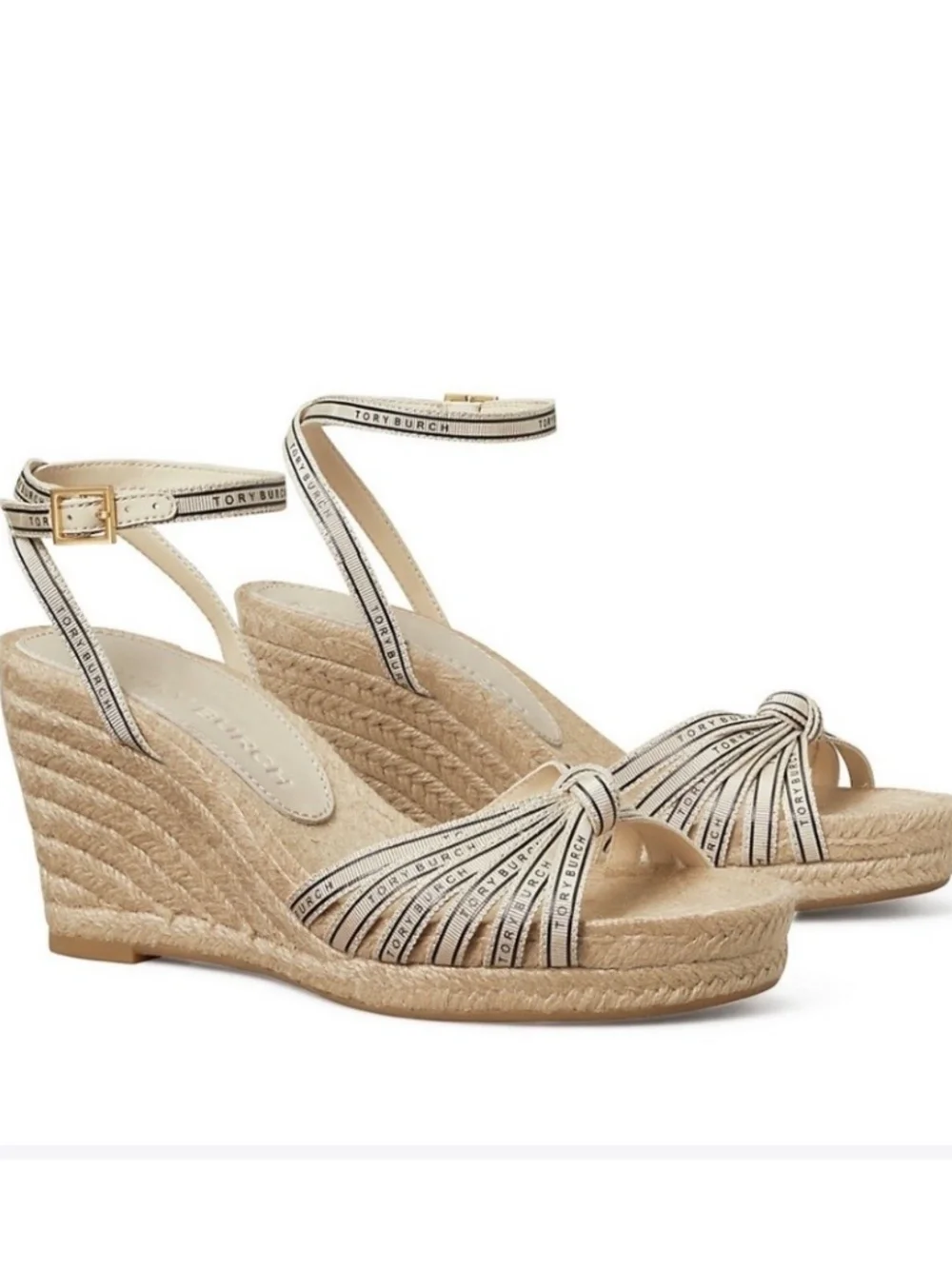 TORY BURCH Tory Ribbon Wedge Espadrille Cream/Black SZ 9.5 NWOT